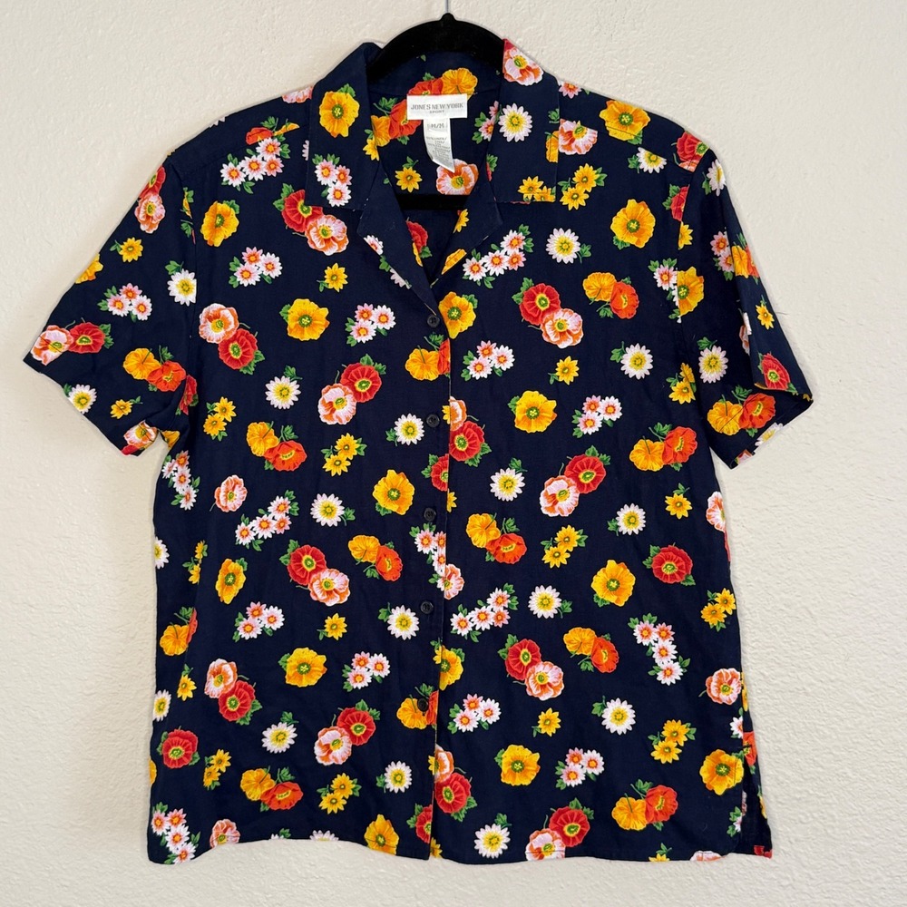 VTG Deadstock Womens Medium Floral Linen Blend Top Retro Maximalist Cottage‎ 90s